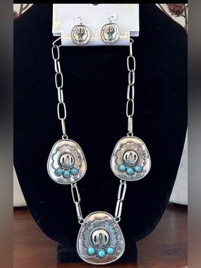 By The Bay NY Necklace/Earring Set,silver tone cowgirl hat,faux turquoise stones
